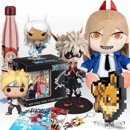 Box manga surprise ouverte : figurine, manga papier et goodies sous licence officielle