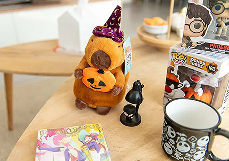 Contenu réel de la box manga Halloween enfant : mug, deux Funko Pop, peluche capybara, manga Little Witch Academia
